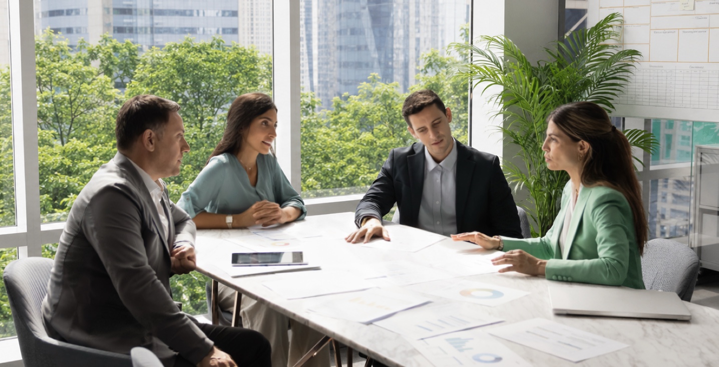 Coworkers sit around a table in a corner office in the middle of skyscrapers with lush trees outside.